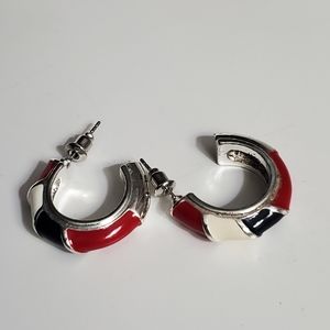 Pierced Hoop Earrings Patriotic Red White Blue France USA PR Silver Tone V…
